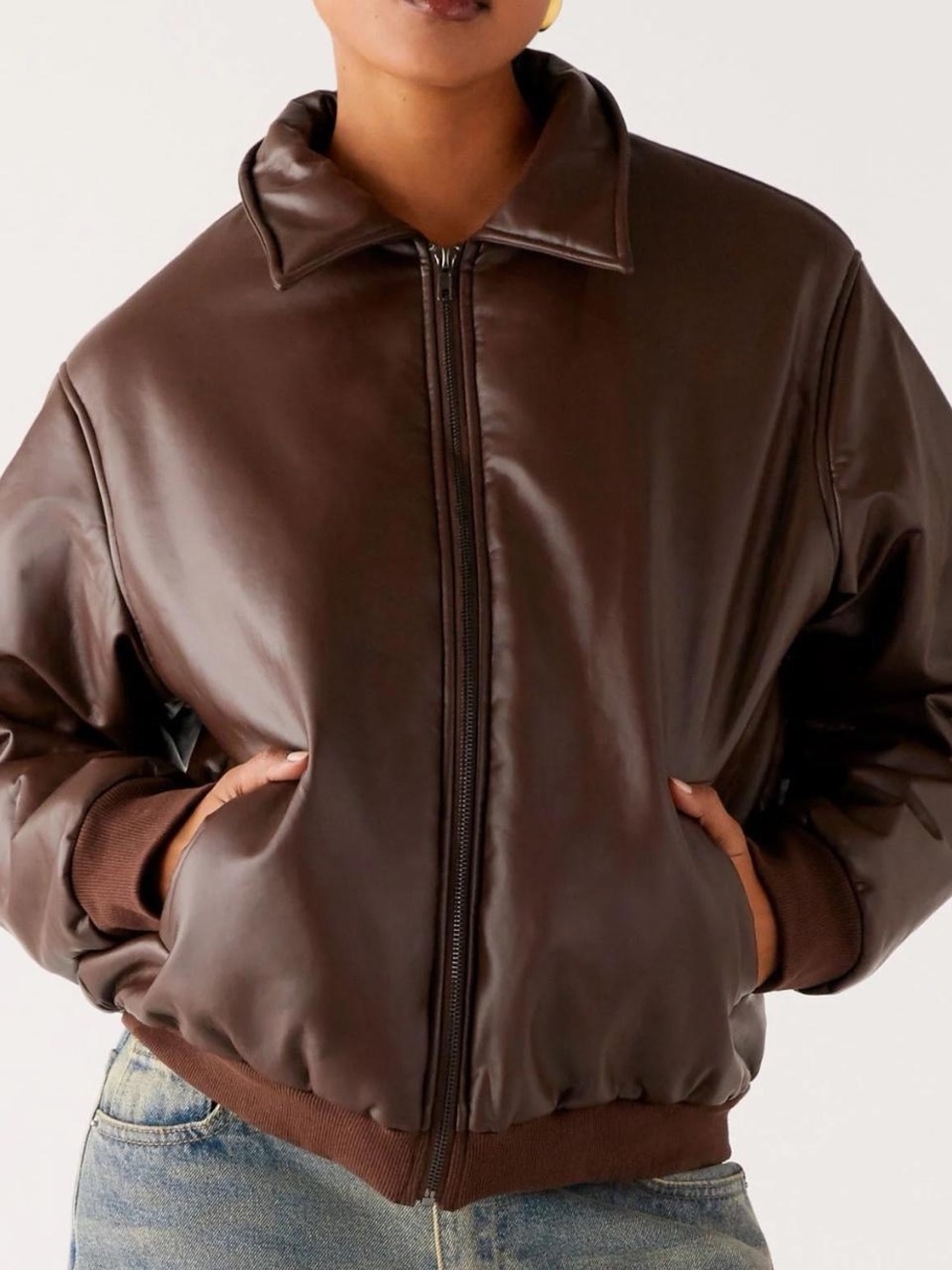 Brown Faux Leather Bomber Jacket